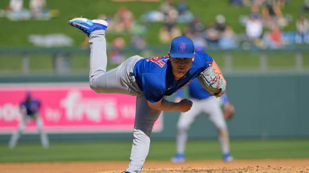 Feb 27, 2023; Salt River Pima-Maricopa, Arizona, USA; Chicago Cubs starting pitcher Ryan Jensen (84) throws to the plate in the sixth inning of a spring training game against the Arizona Diamondbacks at Salt River Fields at Talking Stick.